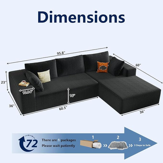 96" Modular Sectional Sofa, Modern Corduroy Cloud Couch with Deep Seat, Boneless Couch Upholstered 3-Seater L-Shaped Sofa for Living Room, No Assembly Required (Black, Right-Facing Chaise)