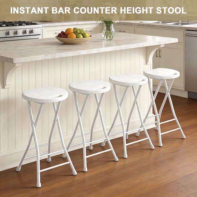 24 Inch Folding Stool Set of 4, Portable Metal Foldable Stool with Handle & Non-Slip Feet, Sturdy 440lbs Capacity High Stool for Kitchen, Camping, Fishing, White