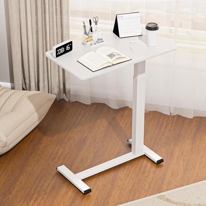 Ywin Medical Adjustable Overbed Bedside Table with Wheels, Rolling Standing Desk, Pneumatic Small Side Bed Table with Tray for Couch, Hospital, Home,Office Use (White)