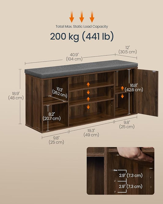 SONGMICS Home Storage Bench, Snapsemble Superfast Assembly, 41" Wide Entryway Shoe Bench with Cushion & Adjustable Shelves, Shoe Rack Cabinet, Natural Walnut and Slate Gray ULHS391KE04S