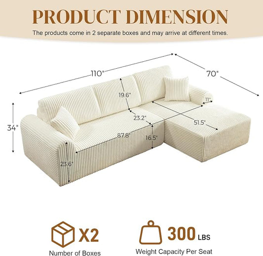 110" L Shaped Boneless Sectional Couches for Living Room, Comfy Corduroy Floor Cloud Sofa with Chaise, Wide Armrest, Deep Seat, Memory Foam, Assembly Free, Ideal for Small Spaces, Beige