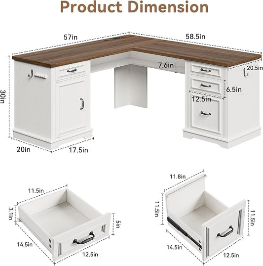 Farmhouse L Shaped Executive Desk with 4 Drawers, Home Office Desk with Hidden Under-Desk Storage Shelf and Charging Station, File Cabinet Storage, Wood Corner Computer Desk for Work(White+Brown)