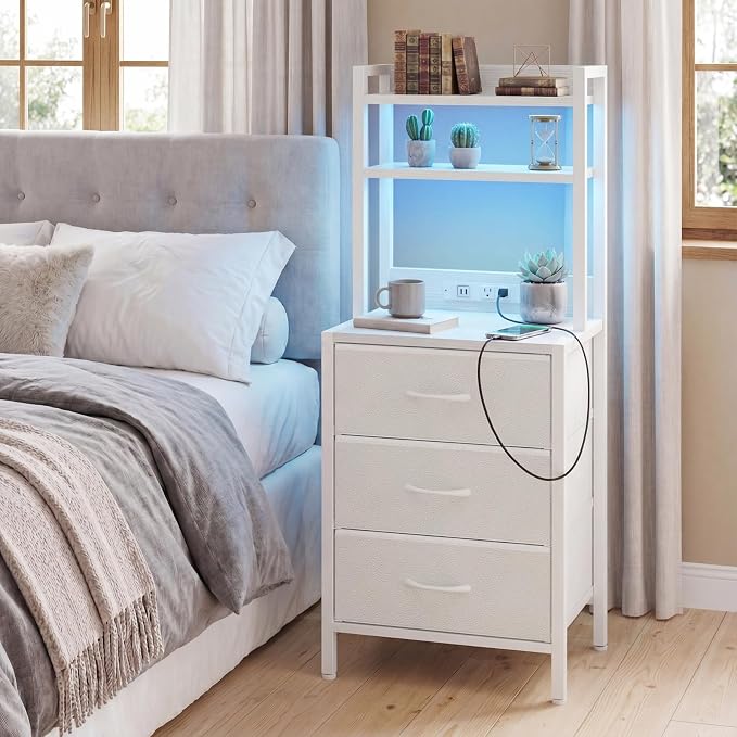 Fixwal Tall Nightstand with Charging Station, 41 Inch Led Night Stand with U-S-B Port & Socket, 3 PU Finished Fabric Storage Drawers, Office, Bed Side Table & Bookshelf in One, White