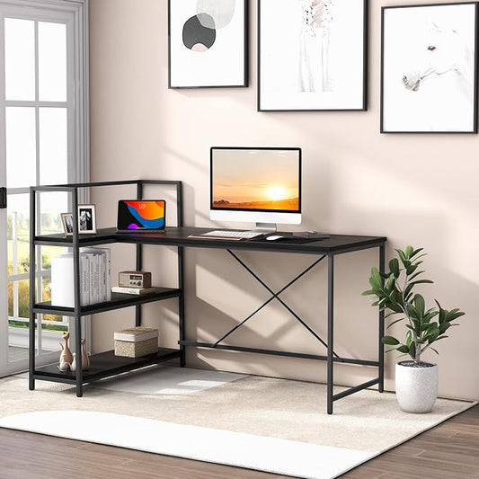 Tangkula Reversible L-Shaped Computer Desk, Space Saving Corner Desk with 3-Tier Storage Shelves & Metal Frame, Modern Executive Home Office Desk, PC Laptop Desk Workstation for Small Space (Black)