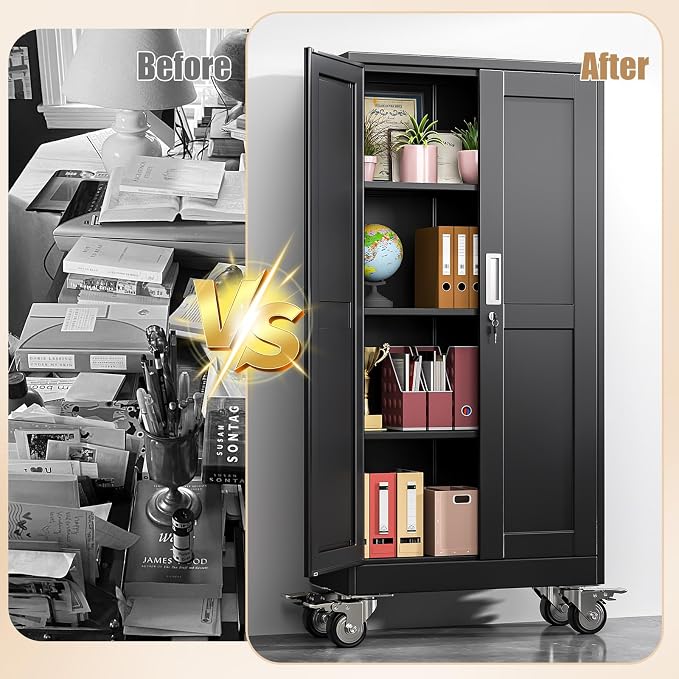 61" H Metal Pantry Storage Cabinet with Wheels,Rolling Kitchen Pantry Cabinet with 2 Doors and 3 Adjustable Shelves, Locker Steel Cabinet,Organization Cabinet for Garage,Home,Gym,School,Black