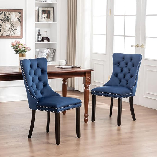 Hixkol Velvet Dining Chairs Set of 2,Upholstered Dining Chairs with Ring Pull Trim and Button Back,Modern Seating for Kitchen, Bedroom & Living Room(Blue)