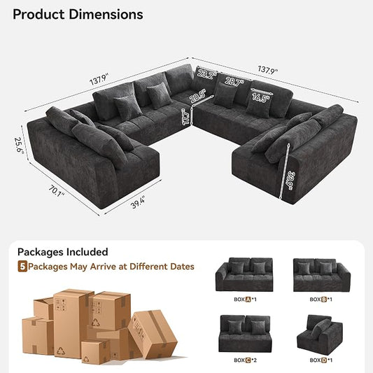 140'' Boneless Modular Couches for Living Room, Compressed Cloud Sectional Modern Sofa, U Shaped 9 Seater Upholstered Memory Foam Oversized Sofa, No Assembly, Chenille Grey