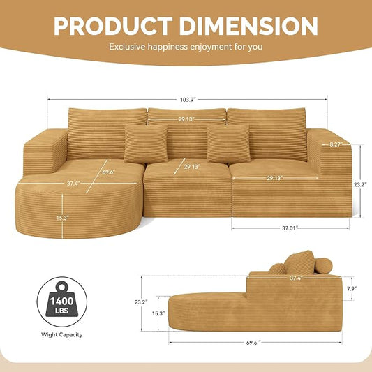 Boneless Couches for Living Room,Cloud Sectional Couch with L-Shape Chaise,Modern Modular Sofa with Deep Seat Upholstered Comfy Couches for Bedroom,No Assembly Required,1PCS