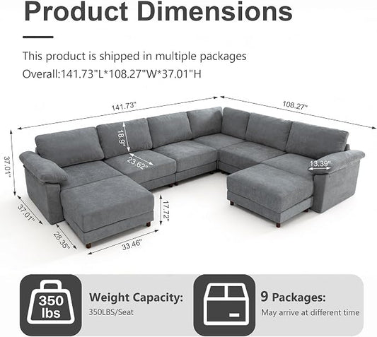 Oversized L Shaped Sectional Couch for Living Room, Extra Large Deep Seat Modular Sectional Sofa with Washable Covers, Modern Cloud Couch for Apartment, Bedroom (Light Gray, U Shape 8 Seat)