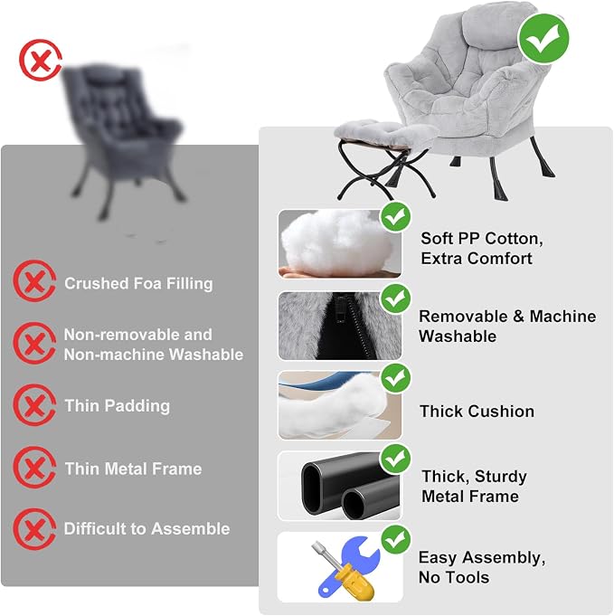 Furlide Lazy Chair with Ottoman, Modern Accent Chair with Armrests and a Side Pocket, Plush Grey Accent Chairs, Reading Chairs, Oversized Armchairs for Bedroom, Study, Living Room, Courtyard
