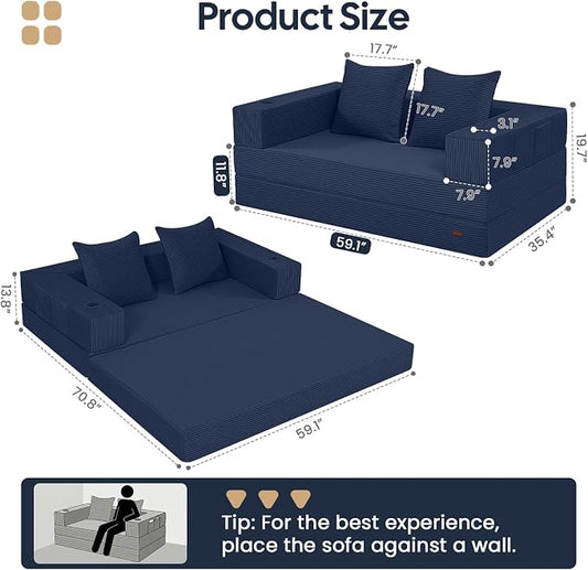 COMAX Futon Sofa Bed, Convertible Sofa Bed, Folding Boneless Couches | Boneless Couch for living room, 4‑in‑1 Fold Out Small Foldable Loveseat Floor Sleeper Mattress Lounge Space‑Saving, Navy