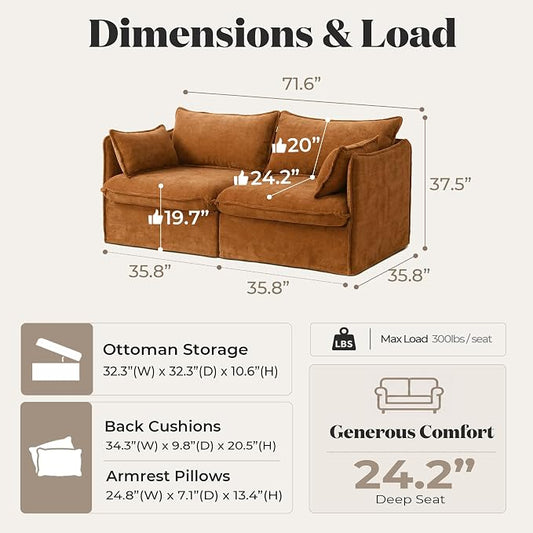 Cloud Loveseat Sofa, Oversized Deep Seat, Luxe Chenille | Fully Removable Washable Covers, Memory Foam Seat Cushions, Premium Fabric
