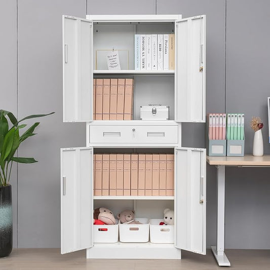 Wanfu Metal Storage Cabinet, 71" H x 28" W x 16" D Locking Storage Cabinet with 2 Adjustable Shelves and 1 Drawer for Office, Garage, Home, School, Utility(White)