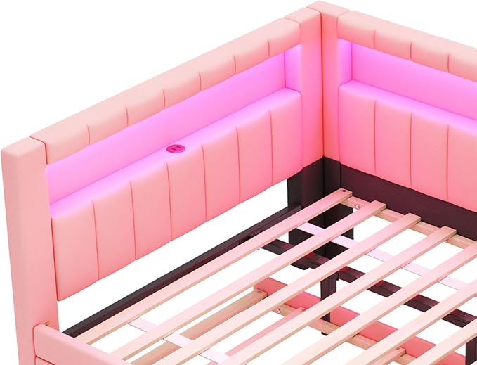 Merax Full Size Modern Upholstered Platform Bed with USB Ports & Trundle Bed, Floor Daybed with Wood Slat Support, Storage Bed Frame with Headboard/Full, Pink