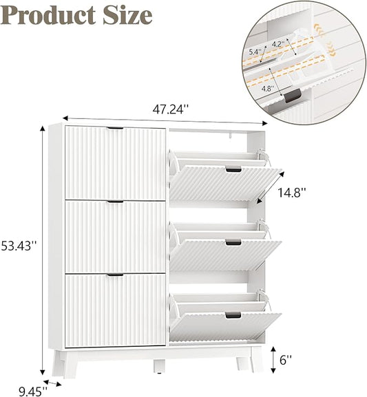 HUANLEGO Shoe Cabinet Storage for Entryway with 6 Flip Drawers, Fluted Narrow Shoe Organizer with Wooden Legs, Freestanding Slim Shoe Storage Hidden Shoe Rack Organizer for Front Door Entrance, White