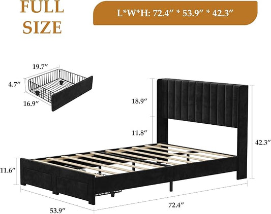 GAOMON Full Size Upholstered Platform Bed Frame with 2 Under-Bed Storage Drawers, Velvet Wingback Headboard, No Box Spring Needed, Sturdy & Noise-Free, Black