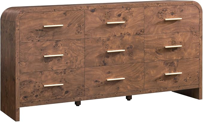 Curved 9 Drawer Dresser for Bedroom, 63'' Wide Chest of Drawers, Farmhouse Storage Cabinet for Hallway & Living Room TV Stand, FSC Certified 1.18" Thick Board, 100 lbs Top Weight, Dark Burl