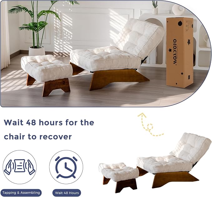 MAXYOYO Accent Chair with Ottoman Adjustable Backrest, Tufted Living Room Chair Upholstered Lounge Chair with Footrest Set, Modern Chair Cozy Reclining Chair for Reading Room, Beige