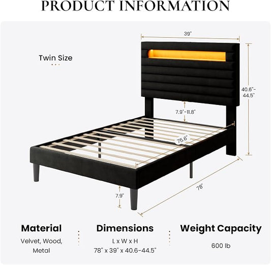 SHA CERLIN Twin Bed Frame with LED Light & 2-Tier Storage Shelf, Velvet Upholstered Adjustable Headboard with Charing Station, Horizontal Channel Tufted, No Box Spring Needed, Easy Assembly, Black
