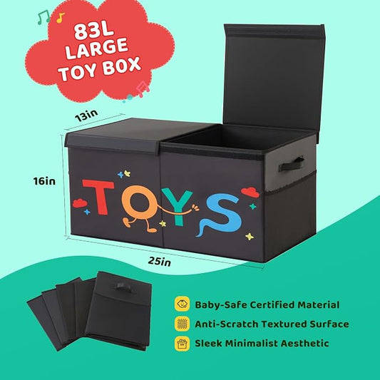 Large Toy Box, 83L Sturdy Collapsible Storage with Lid, 25"x13"x16" Kids Storage Organizer, Toy Chest Bin Baskets for Boys Girls,for Nursery,Bedroom,Playroom,Living Room,Toddlers Toybox(Black)