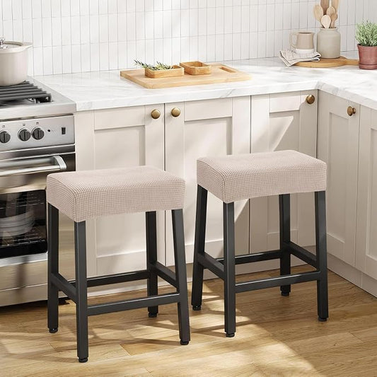 YISUN Stool Covers Rectangle - 2 Pack Stretch Waterproof Saddle Seat Cover Counter Bar Stools Bar Chairs Covers Kitchen Island Chairs Cushion Protector (2, Khaki)
