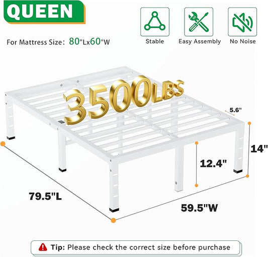 14 Inch Queen Bed Frames,Heavy Duty Metal Queen Size Platform 3500 lbs Capacity, No Box Spring Needed, 6 Mattress Slide Stopper, Headboard Holes, Noise-Free, Easy Assembly, White