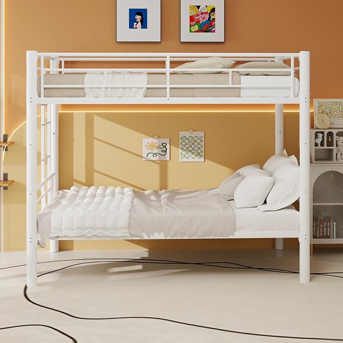 Bunk Bed Twin Over Twin, Metal Bunk Bed with Side Ladder and Safety Guardrail, Space-Saving Twin Bunk Beds for Kids, Teens & Adults, No Box Spring (Side Laddder, White)