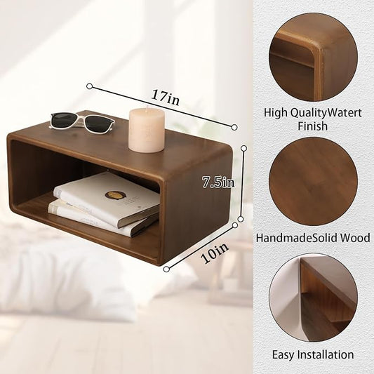 Floating Nightstand, Wall Mounted Bedside Shelf, Handmade Bedroom Furniture,Pine Wood Floating Bedside Table, Minimalist and Unique Style 18”x 10”x 7.5” Brown