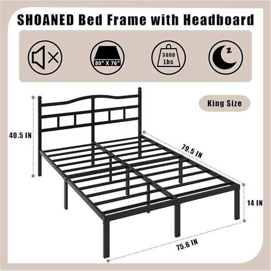 SHOANED Metal Bed Frame with Headboard - 14 Inch King Size Heavy Duty Bedframe Black Basic Steel Slats Platform No Box Spring Needed/Easy Assembly/Noise Free