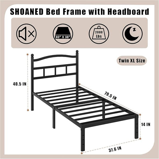 SHOANED Metal Bed Frame with Headboard - 14 Inch Twin XL Size Heavy Duty Bedframe Black Basic Steel Slats Platform No Box Spring Needed/Easy Assembly/Noise Free