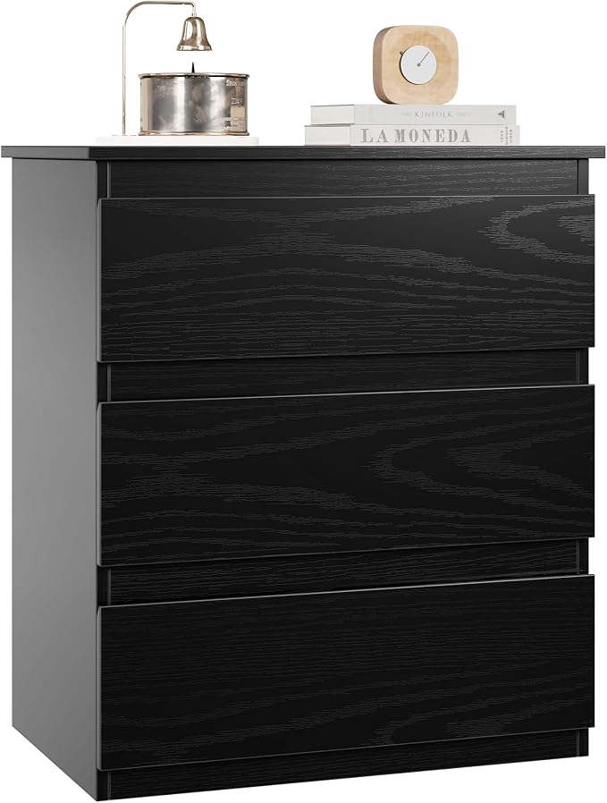 Bamjoy Black Nightstand with 3 Drawers, Beside Table with Drawers for Bedroom, Small Side Table Storage Cabinet 3 Drawer Night Stand for Home Office, 18.0W x 14.0D x 24.8H Inches
