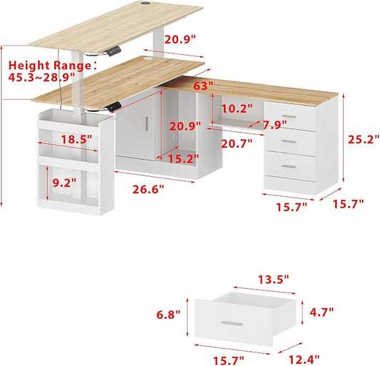 MOUMON L Shaped Standing Desk with Drawers and Shelves, Executive Adjustable Height Desk, L-Shaped Design, 63 inch Tabletop, for Office Oak and White (63”W x 63”D x 28.9-45.3”H)