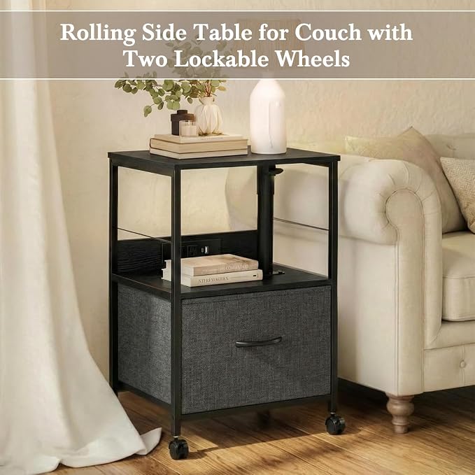 Faesun Swivel Lift Top Nightstand with Charging Station, Rolling Side Table for Recliner, Bedside Table with Wheels & a Fabric Drawer, for Small Spaces, for Bedroom, Living Room, Black Gray
