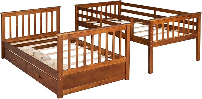 Merax Twin-Over-Twin Bunk Bed with Two Storage Drawers, Solid Wood Twin Size Bunk Bed with Guardrial and Removble Ladder, Can be Converted Into 2 Separate Beds, Walnut