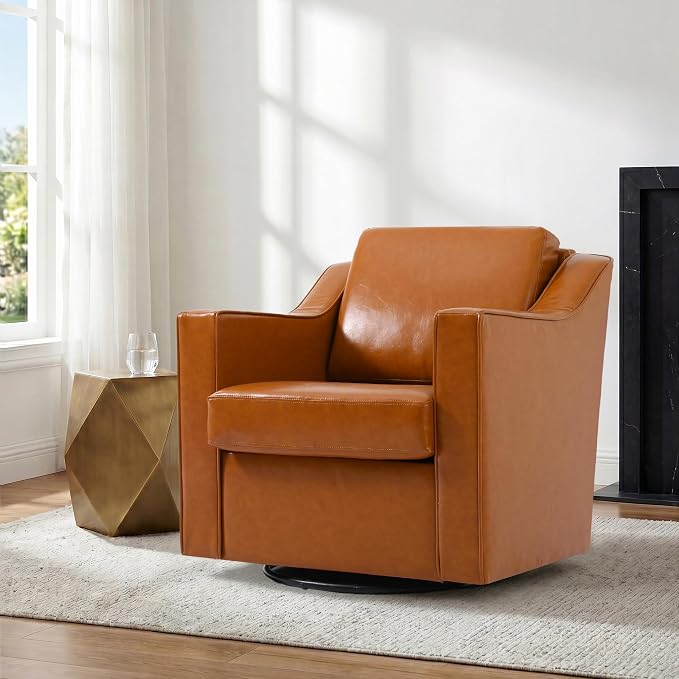 Swivel Accent Chair, Modern Round Barrel Arm Chair for Living Room, Bedroom, Comfy Club Reading Chairs for Adults (Leather Brown, Set of 2)