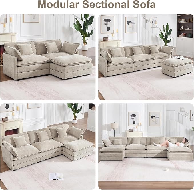 76.7" Modular Sectional Sofa with Ottoman, Modern L Shaped Sectional Couch, Comfy Cloud Couch for Living Room, Loveseat Chenille Deep Seat Sofa with Pillow for Bedroom Apartment, Small Spaces, Camel