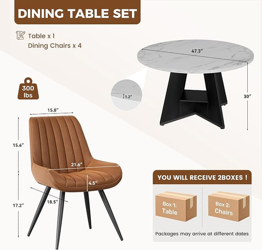 47.3 Inch Round Dining Table Set for 4, Round Kitchen Table with Chairs, Space Saving Dining Room Table set with Storage Shelf for Apartment Kitchen Dining Room, Faux Marble Table+4 Brown Chairs