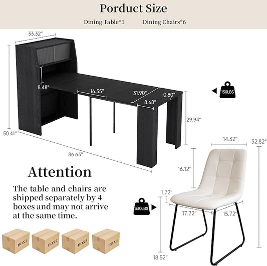 HIPIHOM Dining Table Set for 6, Extendable 86.6" with Storage | Space-saving MDF Kitchen Table with 6 Upholstered U-shaped White Chairs, Ideal for Apartment, Living Room