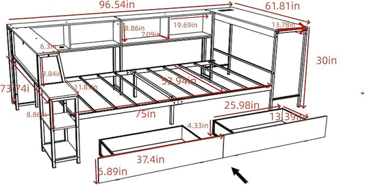 Bellemave Full Size Corner Bed Frame with Storage Drawers, Bookcase and Side Desk, Full Corner Bed with Light and Charging Station, Daybed for Bedroom, Living Room, Guest Room White