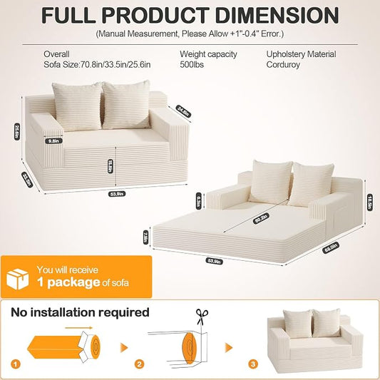 Erament Convertible Sofa Bed, Loveseat Folding Floor Futon Sleeper Sofa Couch Bed- Boneless Foldable Couch, Corduroy Pull Out Sofa Bed with 2 Pillows for Living Room & Bedroom