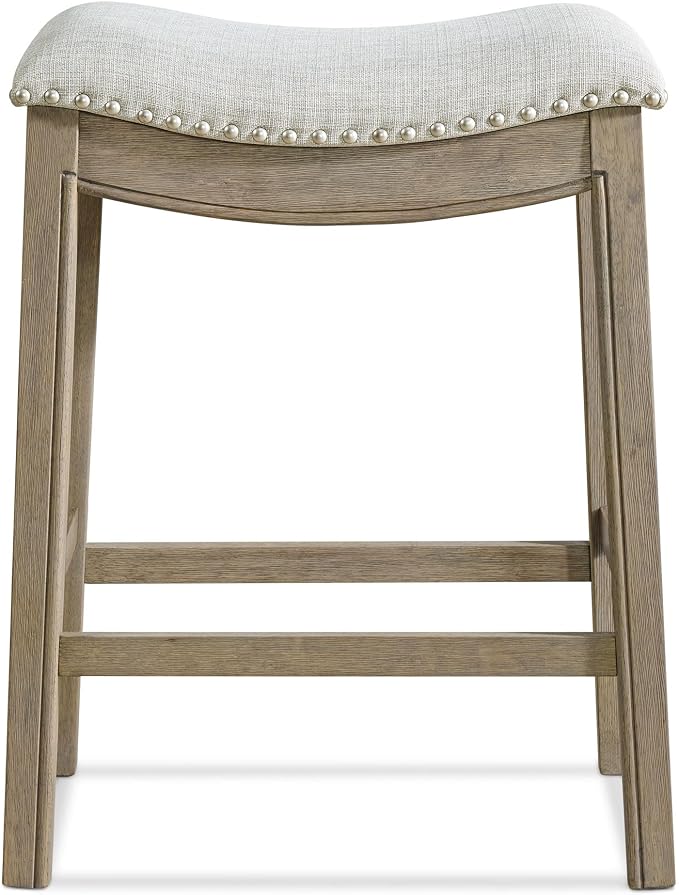 ROME + OAK Parker 26 Inch Counter Stool, Backless Saddle Kitchen Barstool in Reclaimed Oak Finish with Ash Grey Fabric Upholstery Cushion Seat