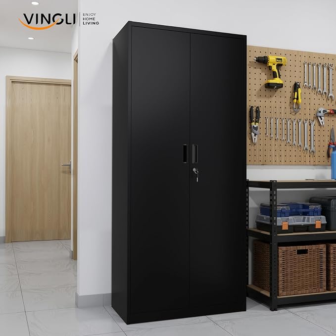 VINGLI Metal Garage Storage Cabinet with 2 Doors and 5 Adjustable Shelves, 71" Tall Steel Lockable File Cabinet, Locking Tool Cabinets for Home Office Garage Gym School (Black)