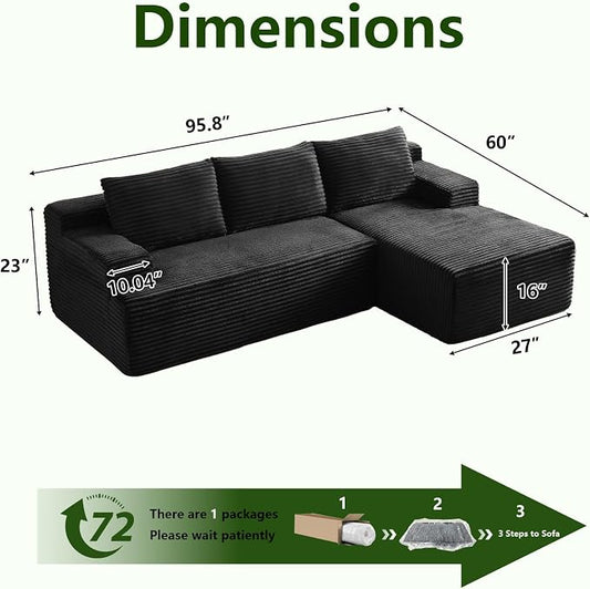 96" Modular Sectional Sofa, Modern Corduroy Cloud Couch with Side Pockets, Boneless Couch Upholstered 3-Seater L-Shaped Sofa for Living Room, No Assembly Required (Black, Right-Facing Chaise)