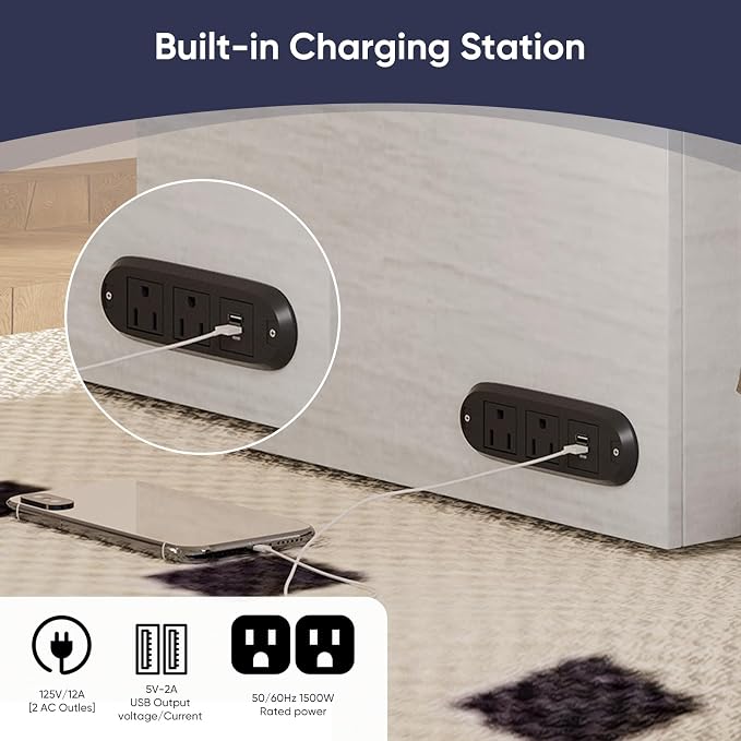 ijuicy Queen Murphy Cabinet Bed, with Mattress, Storage & Charge, White | Queen Murphy Bed Built-in multifunctional charging station & storage drawers, space-saving foldaway design for guest room.