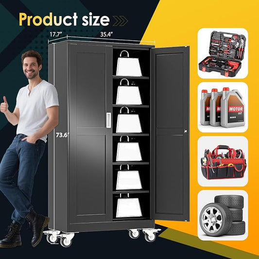 PAOFIN Metal Garage Storage Cabinet with Wheels,Steel Lockable File Cabinets with 2 Doors and 5 Adjustable Shelves,74" H Locking Tool Cabinets for Home Office, Warehouse, Required Assembly,Black