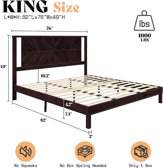AMERLIFE Solid Wood King Size Bed Frame with Headboard, Mid Century Modern Style Platform Bed with Under-Bed Storage, No Box Spring Needed, Noise Free, Easy Assembly, Dark Brown