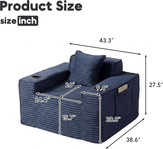Boneless Sofa Couch with Cup Holders & Side Pockets, Modern Corduroy Fabric Deep Seat Single Cloud Couch for Reading Living Room Office, No Assembly (Blue)