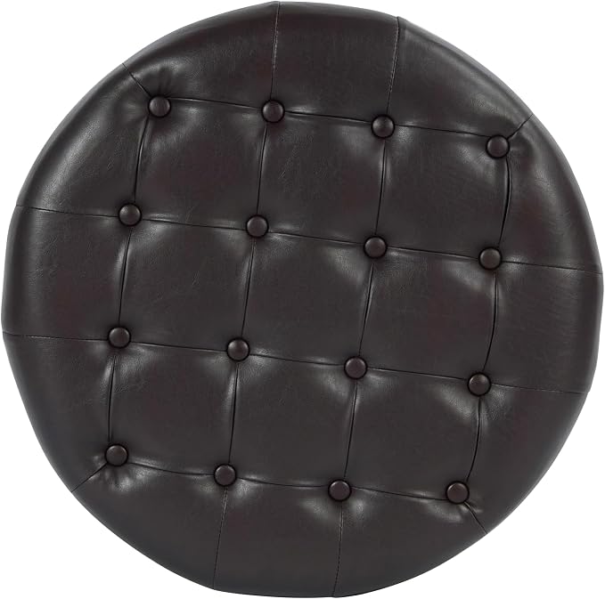 HomePop 25" Button Tufted Round Storage Ottoman - Distressed Brown Faux Leather