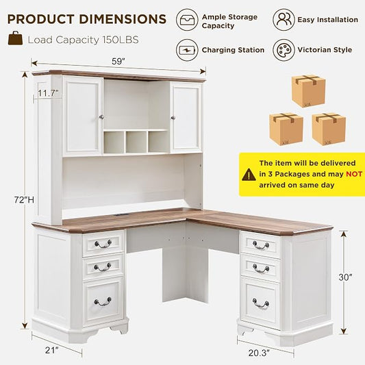 T4TREAM 59" L Shaped Desk with Hutch,Victorian Wood Computer Desk, Featuring Charging Station,File Drawer, Storage Cabinet,for Home Office Work and Study (Antique White)