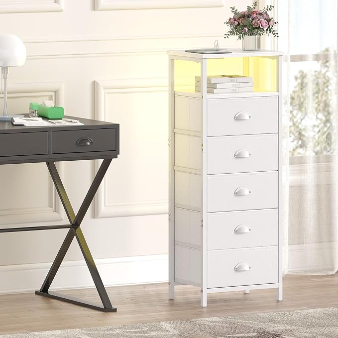 sthmec Nightstand with Charging Station,LED White Nightstands with 5 Fabric Drawers PU Finish, Bedside End Tables, 2-Tier Open Storage Shelf Side Table Nightstand with Drawers for Bedroom,White